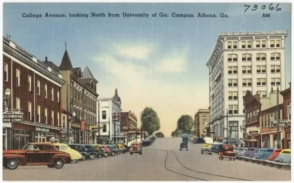 Vintage postcard of College Avenue looking north from the University of Georgia campus in Athens, GA