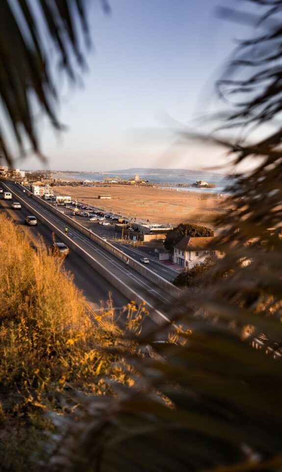 Santa Monica coastline and the Pacific Coast Highway at sunset, California