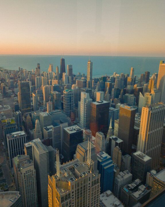 Aerial view of the downtown Chicago skyline at sunset