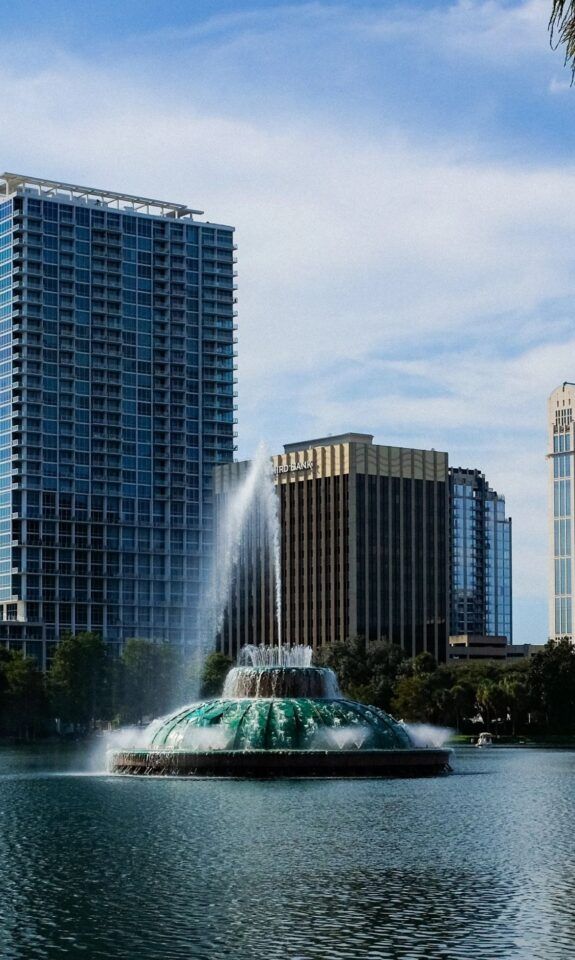 Orlando skyline with the Lake Eola fountain, Florida