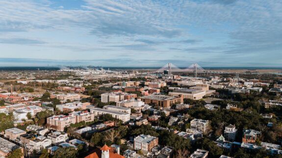 Aerial view of Savannah, Georgia and the Talmadge Memorial Bridge