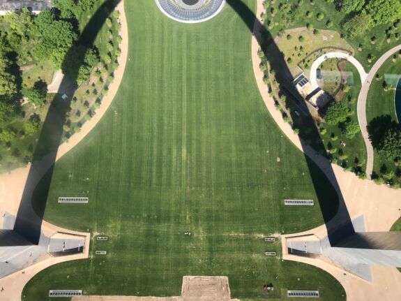 Aerial view of Gateway Arch National Park grounds in St. Louis