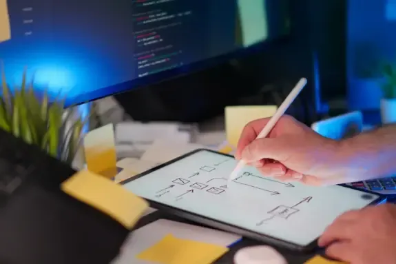 Designer sketching an app interface on a tablet with a stylus
